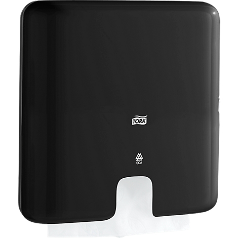 Black Tork towel dispenser with paper protruding. Logo and recycling symbol.