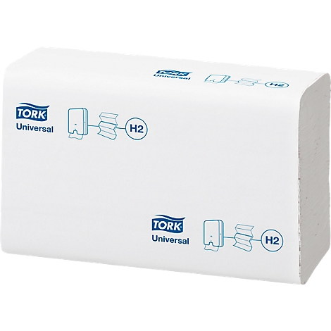 White Tork Universal paper towel package. Prints: Tork, Universal, H2. The package is slightly rounded.