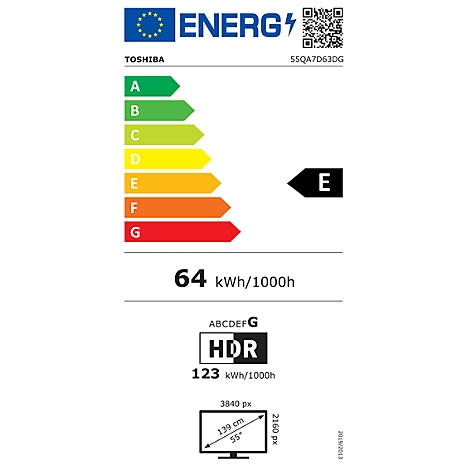 Energieeffizienzlabel für einen Fernseher. Das Label zeigt die Energieeffizienzklasse E, die Marke TOSHIBA und weitere Informationen.