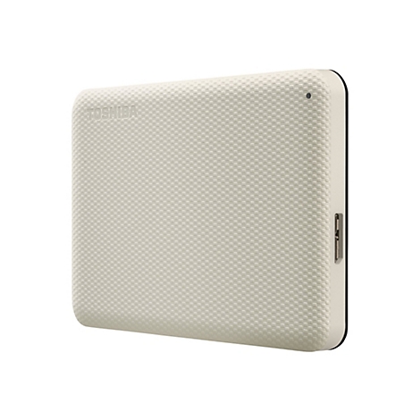 Disque dur externe beige clair avec une texture en nid d'abeille. Logo Toshiba. Sur fond blanc.