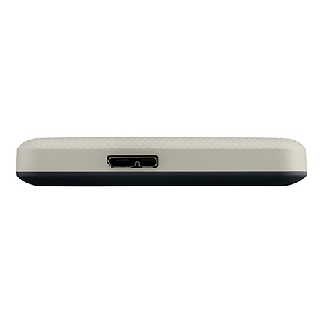 Gros plan sur un disque dur externe avec un port USB. Le dessus est beige texturé, le dessous est bleu foncé.