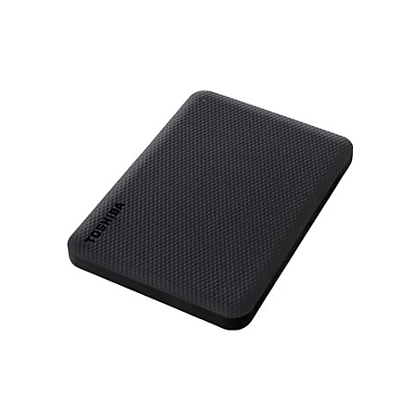 Disque dur externe gris foncé avec logo Toshiba. Surface texturée, forme rectangulaire, coins arrondis.