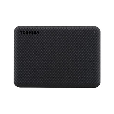 Disque dur externe noir avec le logo TOSHIBA. La surface est texturée.