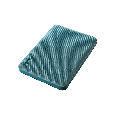 Disque dur externe rectangulaire bleu clair avec surface en relief et lettrage Toshiba.