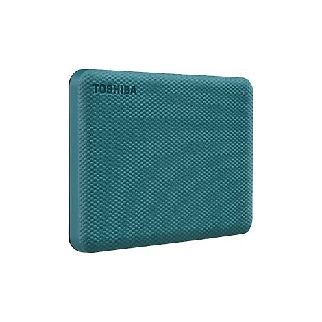 Disque dur externe turquoise avec logo TOSHIBA. Surface texturée, coins arrondis.