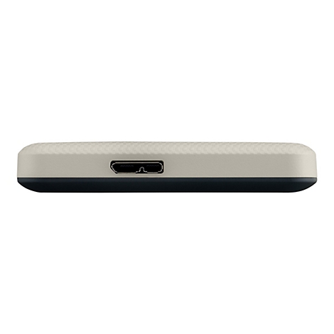Gros plan d'un disque dur externe avec un port micro-USB au milieu. Boîtier en plastique beige avec une texture rugueuse. Partie inférieure bleu foncé.