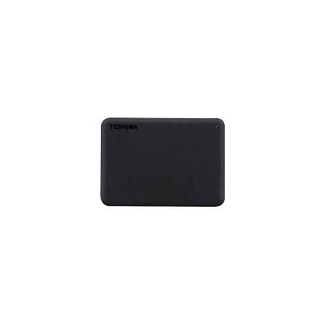 Disque dur externe noir Toshiba. Surface texturée avec logo.