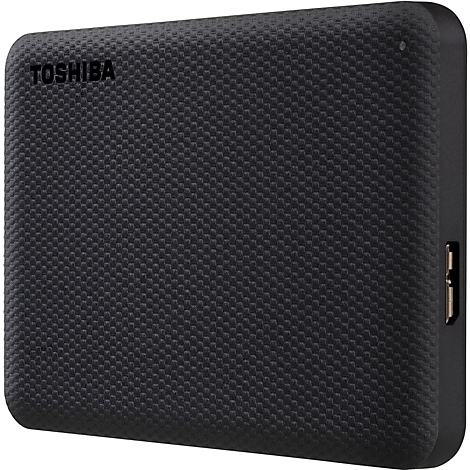 Disque dur externe noir avec logo Toshiba.