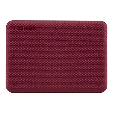 Disque dur externe bordeaux avec une surface texturée. Le nom TOSHIBA est en haut. Une LED verte est allumée.