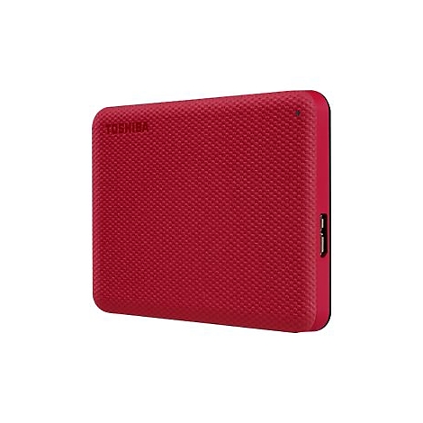 Disque dur externe rouge et carré avec le logo Toshiba. Surface texturée. Côtés noirs, port USB.