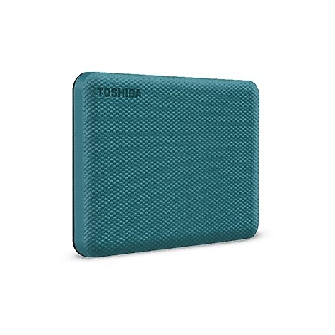 Disque dur externe turquoise avec le texte Toshiba. La surface est à motifs.