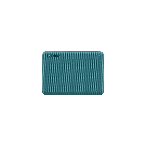 Disque dur externe bleu turquoise avec un motif en nid d'abeille. En haut à gauche : TOSHIBA.