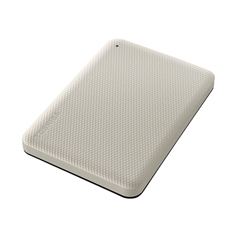Disque dur externe beige clair. Le dessus présente un motif carré. Il y a un point noir en haut, en dessous il est écrit "TOSHIBA".