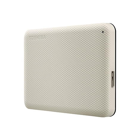 Un disque dur externe rectangulaire beige avec une surface gaufrée. La marque Toshiba est visible en haut à gauche.