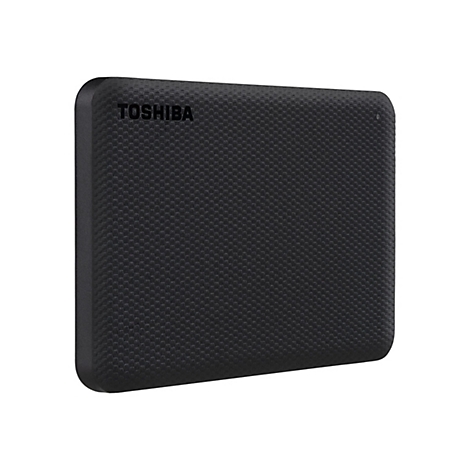 Disque dur externe noir avec le logo TOSHIBA. Surface avec motif en relief.