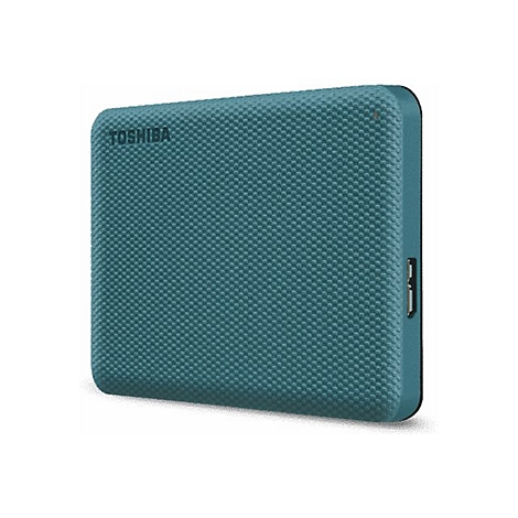 Disque dur externe bleu sarcelle avec texte TOSHIBA et surface texturée.