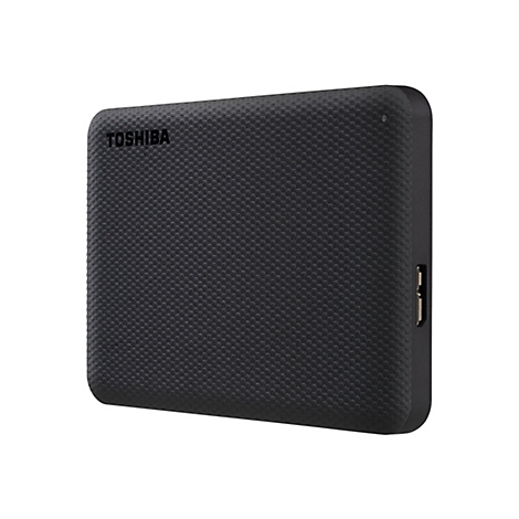 Disque dur externe noir avec une surface texturée et le logo TOSHIBA.