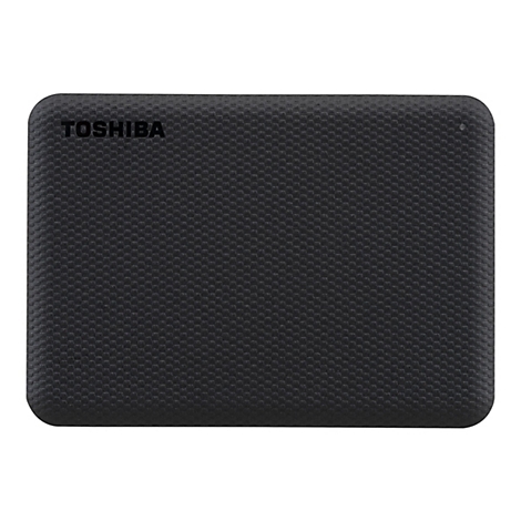Disque dur noir et rectangulaire avec surface gaufrée. L'inscription "TOSHIBA" est sur la plaque.