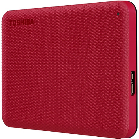 Disque dur externe rouge avec surface en relief. Le texte TOSHIBA est visible en haut à gauche.
