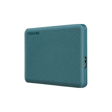 Türkisfarbene externe Festplatte mit TOSHIBA-Logo. Geometrische Struktur auf der Oberfläche. An der Seite ein USB-Anschluss.