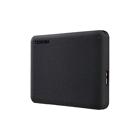 Schwarze Toshiba Festplatte mit texturierter Oberfläche und USB-Anschluss.