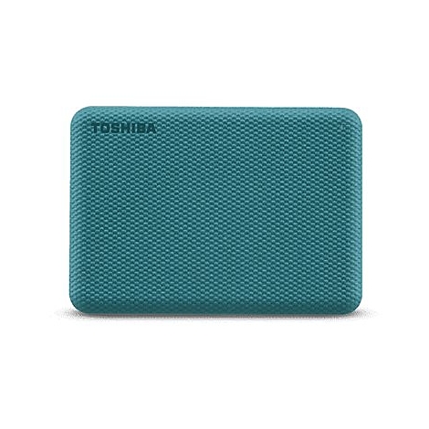 Türkisfarbene externe Festplatte mit der Aufschrift TOSHIBA.