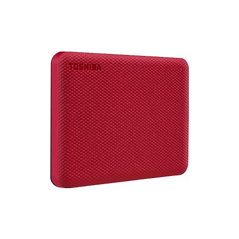 Rote, quadratische externe Festplatte mit der Aufschrift TOSHIBA. Oberfläche mit texturierten Punkten. Schwarzer Rand.