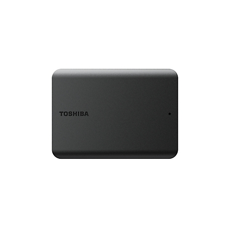 Disque dur externe gris foncé avec des coins arrondis. TOSHIBA est en haut, il y a un petit point à droite.