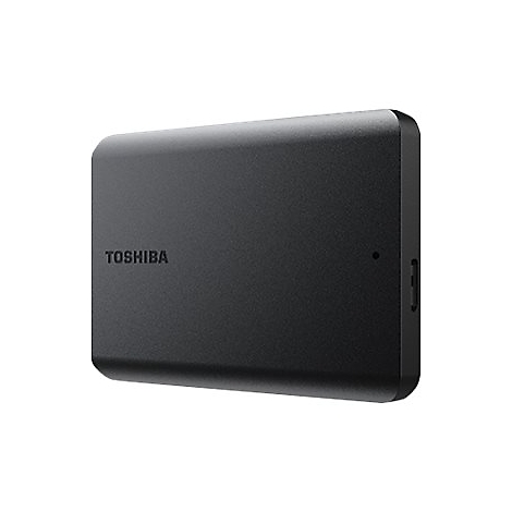 Disque dur externe noir avec le logo Toshiba.