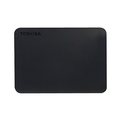 Schwarze externe Festplatte mit abgerundeten Ecken. Oben links: "TOSHIBA". Oben rechts ein kleines Loch.