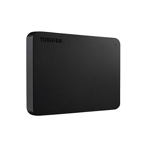 Schwarze externe Festplatte von Toshiba mit Logo oben links und Kontrollleuchte.