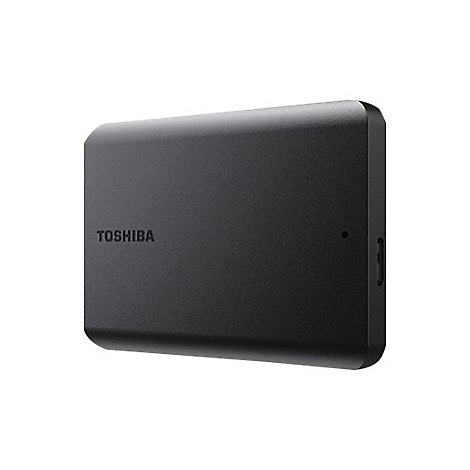 Schwarze externe Festplatte von Toshiba. Auf der Oberfläche steht der Markenname.