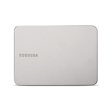 Disque dur externe argenté avec des coins arrondis. Le mot "TOSHIBA" est visible sur le disque dur.