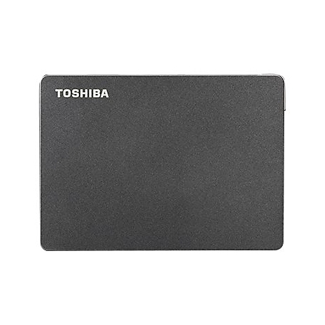 Dunkelgraue SSD-Festplatte mit TOSHIBA-Logo. Rechteckige Form, abgerundete Ecken.