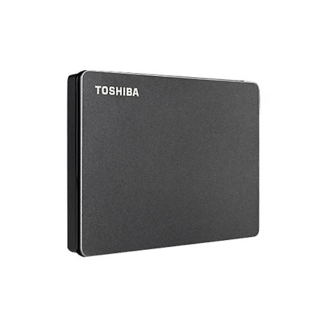 Schwarze Toshiba Festplatte mit silbernem Rand. Auf der Oberfläche steht "TOSHIBA".