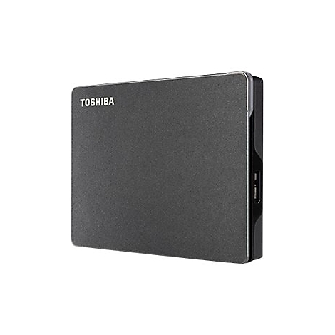 Dunkelgraue externe Festplatte mit 'TOSHIBA' Schriftzug. USB-Anschluss sichtbar. Rechteckige Form.