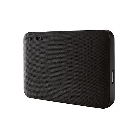 Disque dur externe noir avec le logo Toshiba.