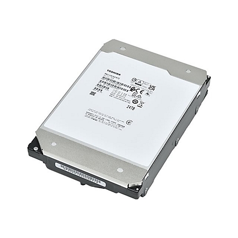 Festplatte von Toshiba, 24 TB. Graue Metalloberfläche, weisses Label mit Text.