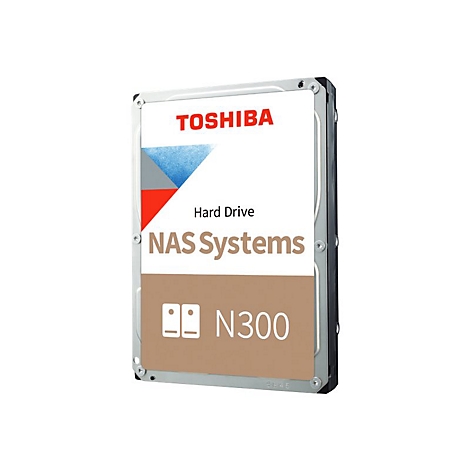 Disque dur Toshiba avec étiquette blanche et marron; Texte : Toshiba, NAS Systems, N300.