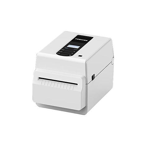 WeiÃŸer Etikettendrucker, oben TOSHIBA-Schriftzug, Steuerfeld.