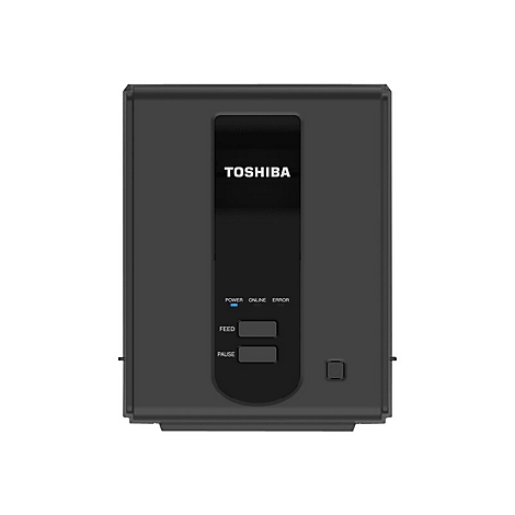 Dunkelgraues Toshiba-GerÃ¤t mit Text: Toshiba, Power, Online, Error, Feed, Pause.