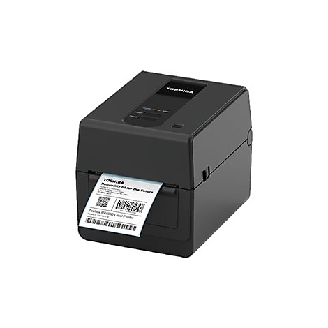Schwarzer Toshiba-Etikettendrucker mit herausragendem Etikett.