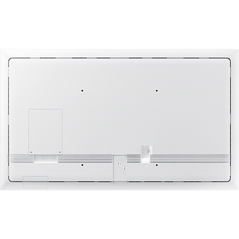Back of a white TV. There are holes in the middle for wall mounting. The top and bottom frames have stripes.