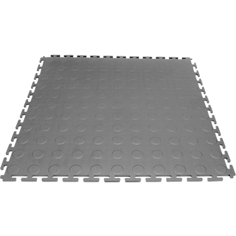 Gray square floor tile with connecting elements on the edges, covered with small, round indentations.