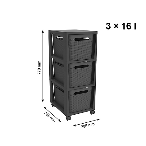 Tour de rangement BRISEN, avec roulettes, 3 x 16 litres, jusqu'à 30 kg, tiroirs amovibles des deux côtés, plastique recyclé, sans BPA, L 300 x l 366 x H 770 mm, anthracite