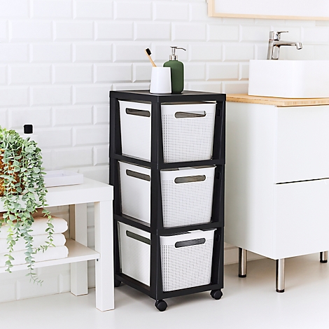 Tour de rangement BRISEN, avec roulettes, 3 x 16 litres, jusqu'à 30 kg, tiroirs amovibles des deux côtés, plastique recyclé, sans BPA, L 300 x l 366 x H 770 mm, blanc