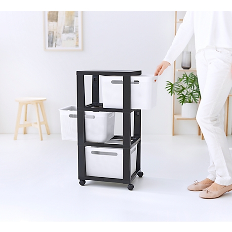 Tour de rangement BRISEN, avec roulettes, 3 x 16 litres, jusqu'à 30 kg, tiroirs amovibles des deux côtés, plastique recyclé, sans BPA, L 300 x l 366 x H 770 mm, blanc