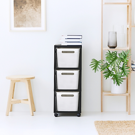 Tour de rangement BRISEN, avec roulettes, 3 x 16 litres, jusqu'à 30 kg, tiroirs amovibles des deux côtés, plastique recyclé, sans BPA, L 300 x l 366 x H 770 mm, blanc