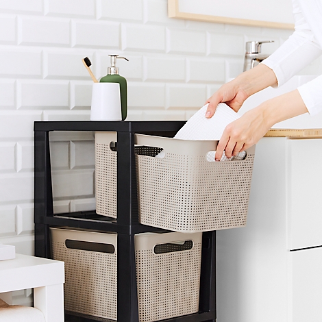 Tour de rangement BRISEN, avec roulettes, 3 x 16 litres, jusqu'à 30 kg, tiroirs amovibles des deux côtés, plastique recyclé, sans BPA, L 300 x l 366 x H 770 mm, cappuccino