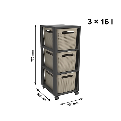 Tour de rangement BRISEN, avec roulettes, 3 x 16 litres, jusqu'à 30 kg, tiroirs amovibles des deux côtés, plastique recyclé, sans BPA, L 300 x l 366 x H 770 mm, cappuccino